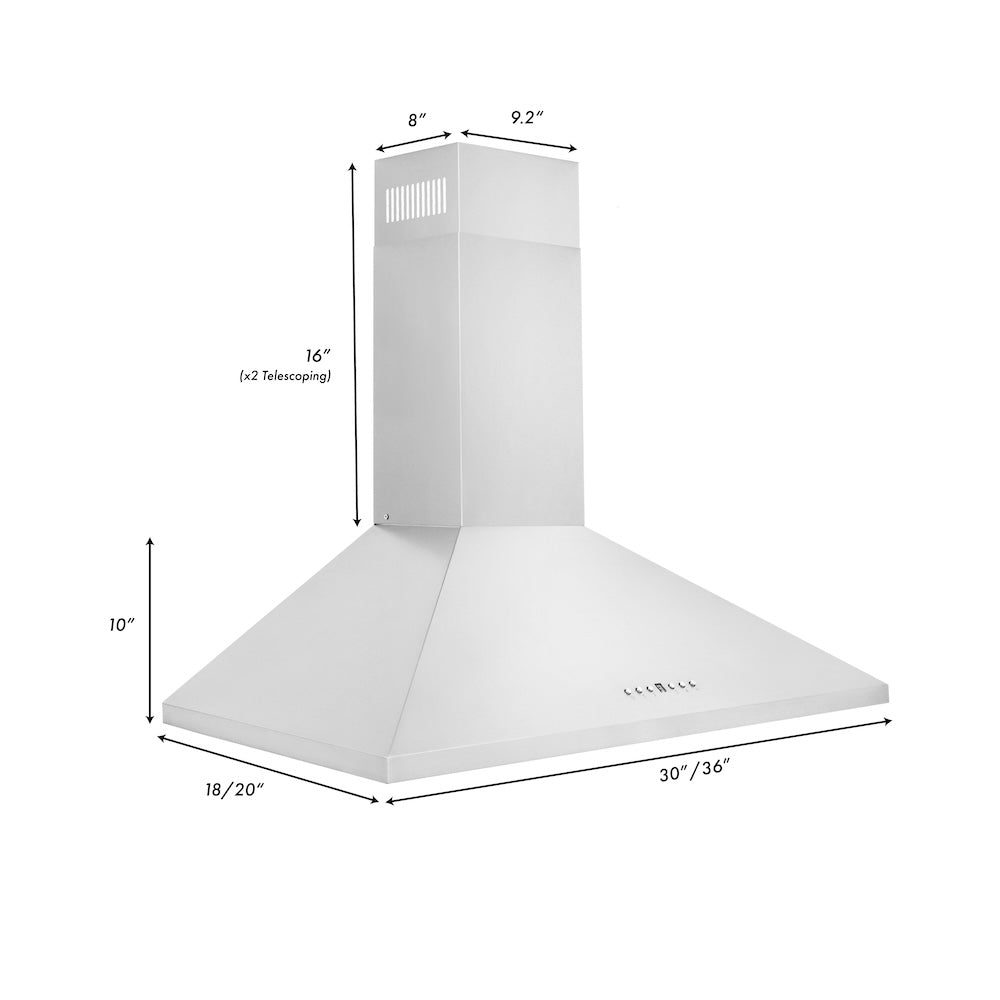 ZLINE 36 in. Convertible Vent Convertible Vent Wall Mount Range Hood in Stainless Steel (KL2-36) dimensional diagram.