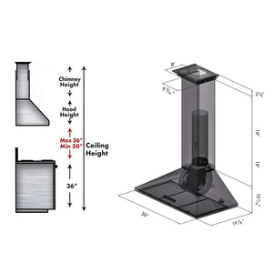 ZLINE 36 in. Convertible Vent Convertible Vent Wall Mount Range Hood in Stainless Steel with Crown Molding (KL2CRN-36) dimensional diagram.