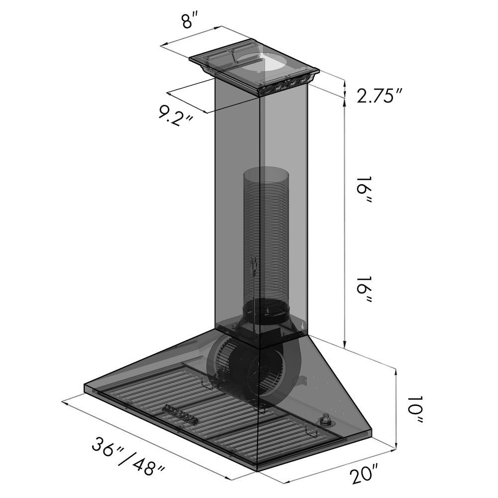ZLINE 48 in. CrownSound™ Ducted Vent Wall Mount Range Hood in Stainless Steel with Built-in Bluetooth Speakers (KL2CRN-BT-48) dimensional diagram.