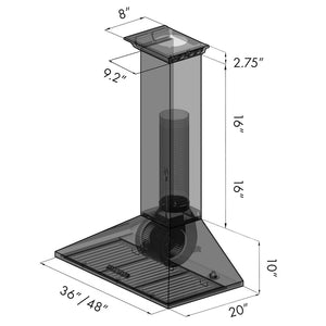 ZLINE 48 in. CrownSound™ Ducted Vent Wall Mount Range Hood in Stainless Steel with Built-in Bluetooth Speakers (KL2CRN-BT-48) dimensional diagram.