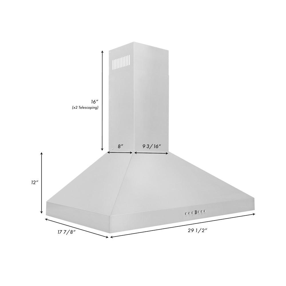 ZLINE 30 in. Convertible Vent Wall Mount Range Hood in Stainless Steel (KL3-30) dimensional diagram.
