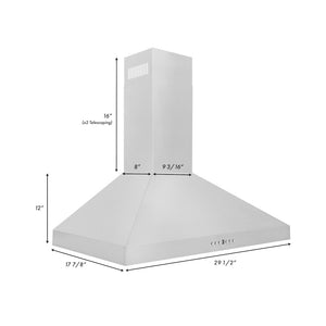 ZLINE 30 in. Convertible Vent Wall Mount Range Hood in Stainless Steel (KL3-30) dimensional diagram.