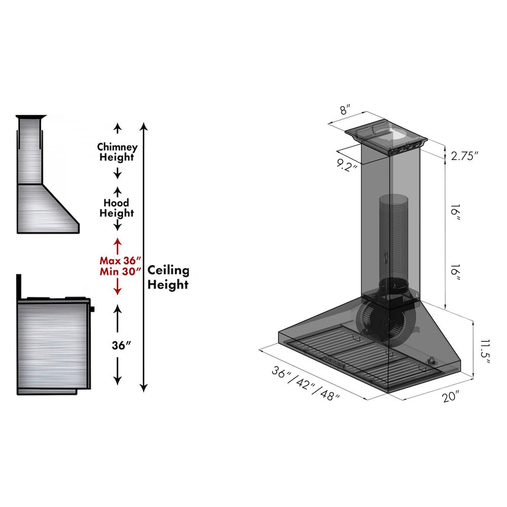 ZLINE 48 in. CrownSound™ Ducted Vent Wall Mount Range Hood in Stainless Steel with Built-in Bluetooth Speakers (KL3CRN-BT-48) dimensional diagram.