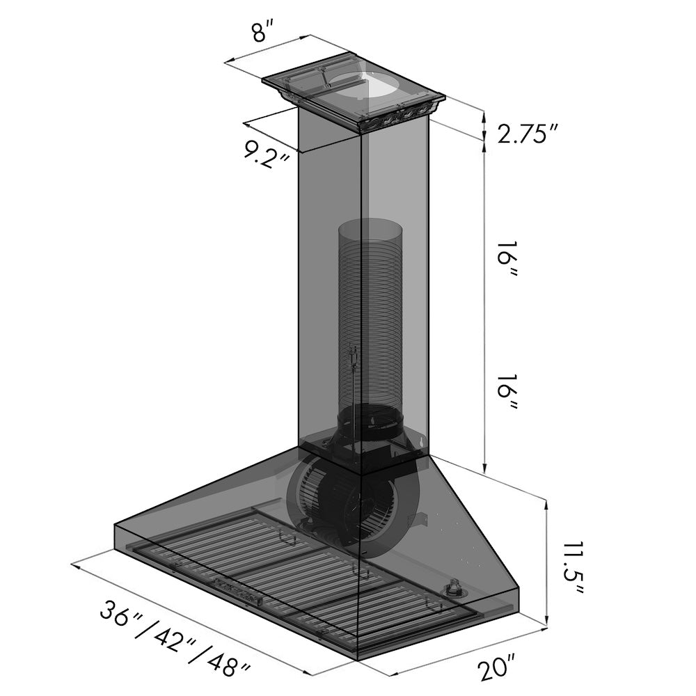ZLINE 48 in. CrownSound™ Ducted Vent Wall Mount Range Hood in Stainless Steel with Built-in Bluetooth Speakers (KL3CRN-BT-48) dimensional diagram.