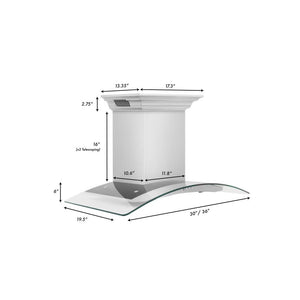ZLINE 36 in. CrownSound™ Ducted Vent Wall Mount Range Hood in Stainless Steel with Built-in Bluetooth Speakers (KN4CRN-BT-36) dimensional diagram.