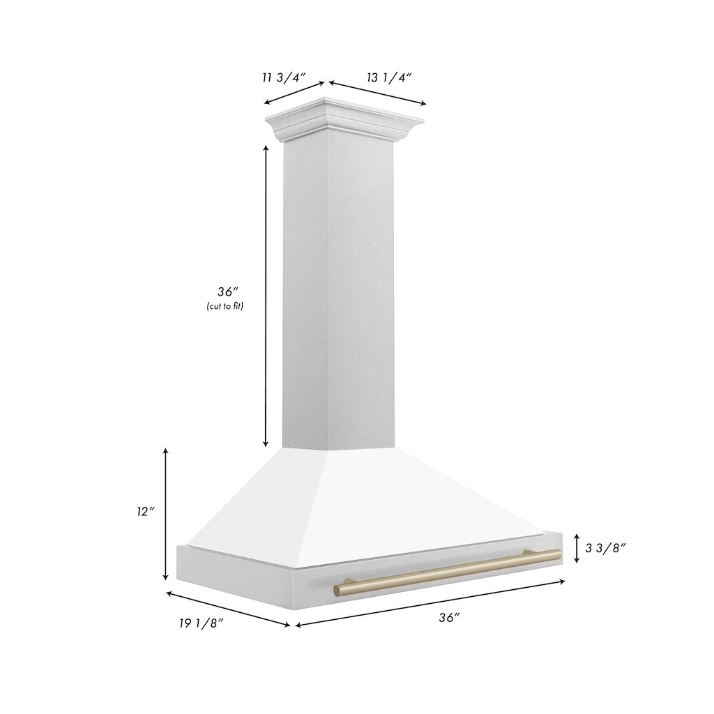 ZLINE Autograph Edition Convertible Fingerprint Resistant DuraSnow® Stainless Steel Range Hood with White Matte Shell and Champagne Bronze Handle (KB4SNZ-WM-CB) dimensional diagram with measurements.