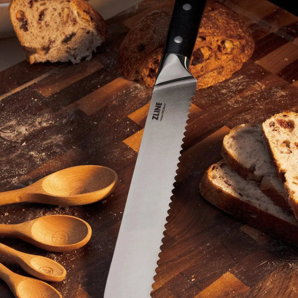 ZLINE Bread Knife on Wood Cutting Board with Freshly Baked Bread