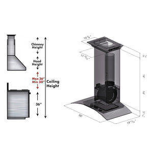 ZLINE 30 in. Convertible Vent Wall Mount Range Hood in Stainless Steel and Glass with Crown Molding (KZCRN-30) dimensional diagram.