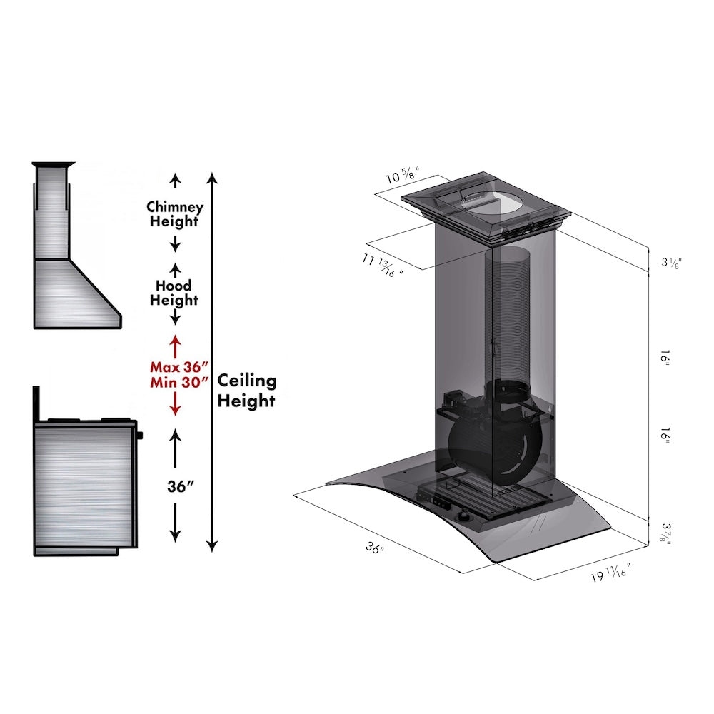 ZLINE 36 in. Convertible Vent Wall Mount Range Hood in Stainless Steel and Glass with Crown Molding (KZCRN-36) dimensional diagram.