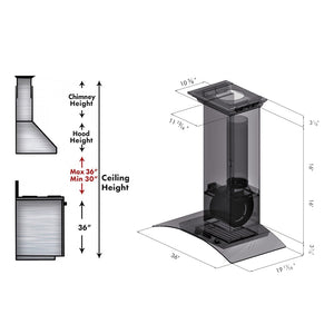 ZLINE 36 in. Convertible Vent Wall Mount Range Hood in Stainless Steel and Glass with Crown Molding (KZCRN-36) dimensional diagram.