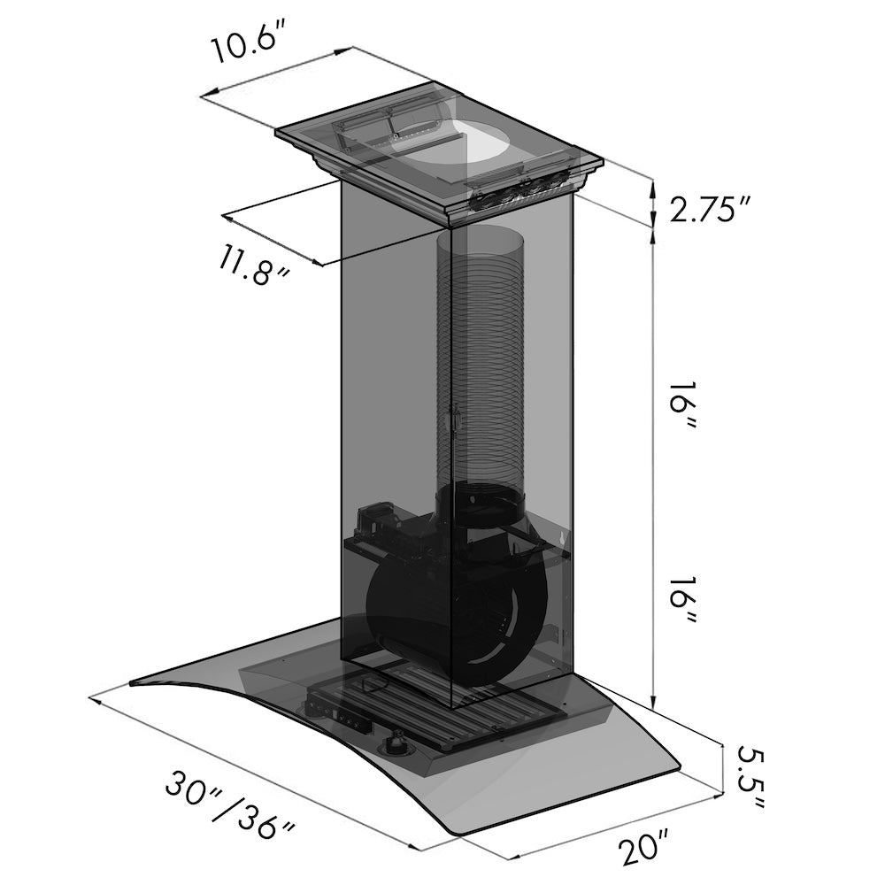 ZLINE 30 in. CrownSound™ Ducted Vent Wall Mount Range Hood in Stainless Steel and Glass with Built-in Bluetooth Speakers (KZCRN-BT-30) dimensional diagram.