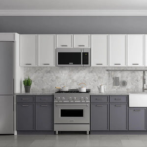 ZLINE 30 in. 1.5 cu. ft. Over-The-Range Convection Microwave Oven in Satin Stainless Steel with Traditional Handle and Sensor Cooking (MWO-OTR-H-30-SS) in a kitchen with gray and white cabinets, stainless steel appliances, and a tiled backsplash.