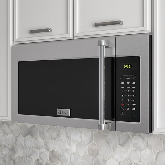 ZLINE 30 in. 1.5 cu. ft. Over-The-Range Convection Microwave Oven in Satin Stainless Steel with Traditional Handle and Sensor Cooking (MWO-OTR-H-30-SS) with digital display in a kitchen setting