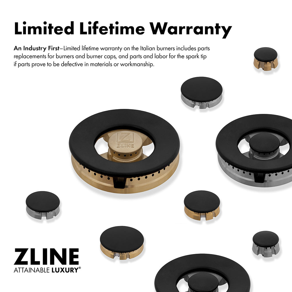 ZLINE brass and aluminum burners on a white background. Text: An Industry First. Limited lifetime warranty on the Italian burners includes parts replacements for burners and burner caps, and parts and labor for the spark tip if parts prove to be defective in materials or workmanship.
