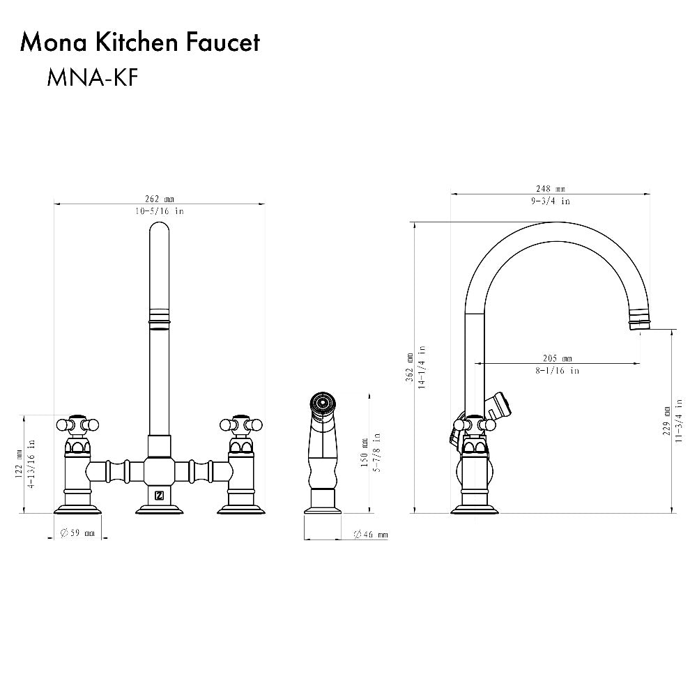 ZLINE Mona Kitchen Faucet and Side Sprayer in Oil Rubbed Bronze (MNA-KF-ORB) dimensional diagram.