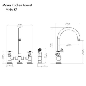 ZLINE Mona Kitchen Faucet and Side Sprayer in Oil Rubbed Bronze (MNA-KF-ORB) dimensional diagram.