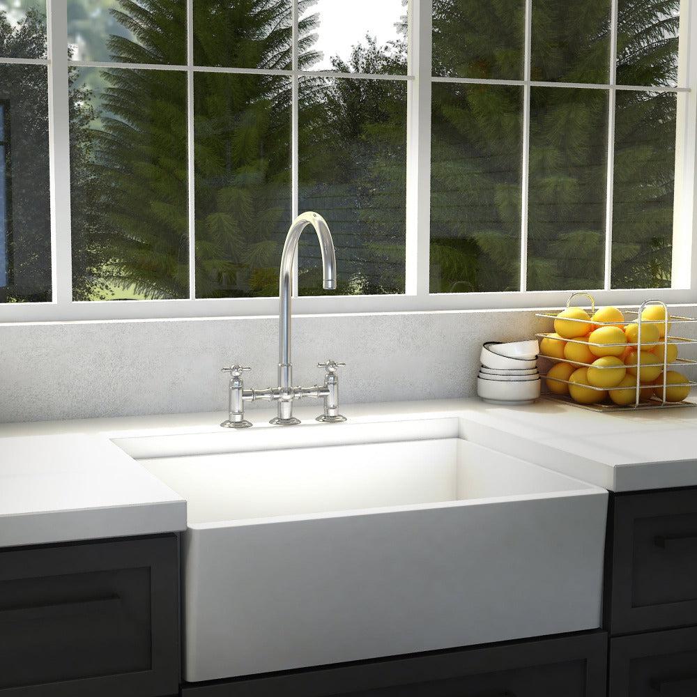 ZLINE Mona Kitchen Faucet in Chrome (MNA-KF-CH) in a farmhouse kitchen.