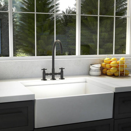 ZLINE Mona Kitchen Faucet and Side Sprayer in Oil Rubbed Bronze (MNA-KF-ORB) in a farmhouse kitchen.