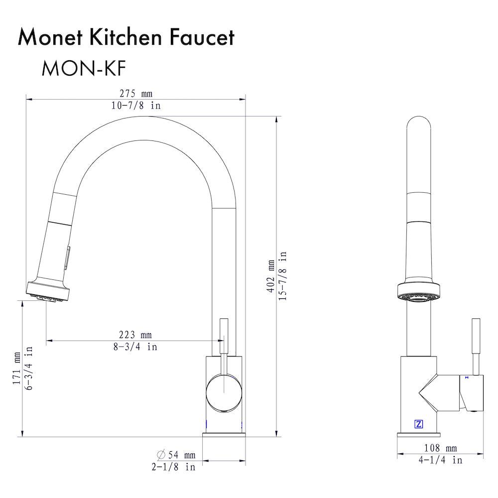 ZLINE Monet Pull Down Kitchen Faucet in Brushed Nickel (MON-KF-BN) dimensional diagram.