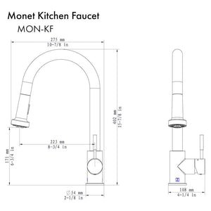 ZLINE Monet Pull Down Kitchen Faucet in Brushed Nickel (MON-KF-BN) dimensional diagram.