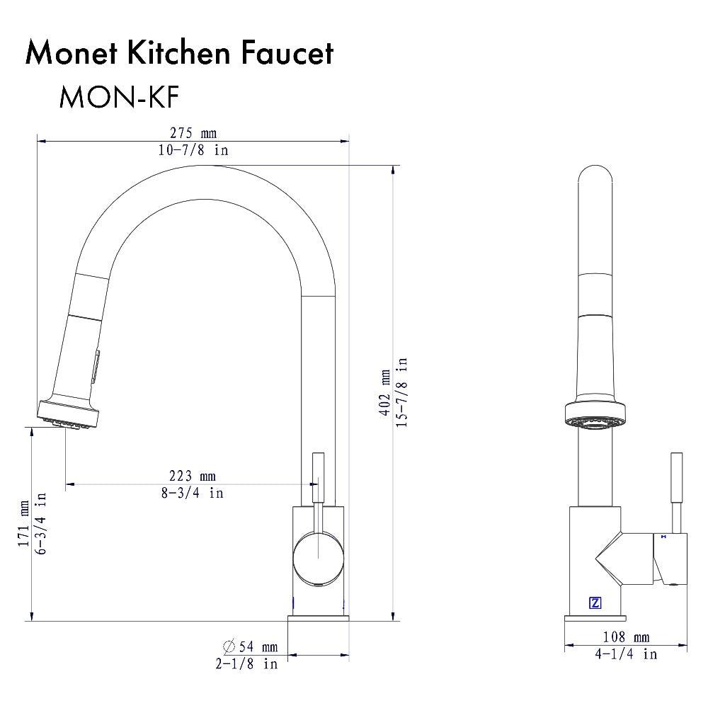 ZLINE Monet Pull Down Kitchen Faucet in Polished Gold (MON-KF-PG) dimensional diagram.