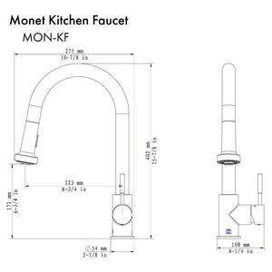 ZLINE Monet Pull Down Kitchen Faucet in Polished Gold (MON-KF-PG) dimensional diagram.