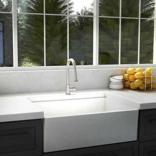 ZLINE Monet Pull Down Single Handle Kitchen Faucet in Brushed Nickel (MON-KF-BN) in a farmhouse kitchen.