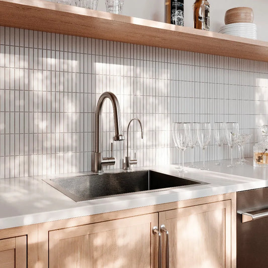 ZLINE Meribel 23 in. Undermount Single Bowl Stainless Steel Kitchen Sink with Bottom Grid (SRS-23) in a modern butler's pantry with natural wood elements.