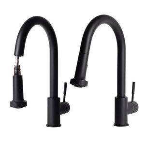 ZLINE Monet Pull Down Single Handle Kitchen Faucet in Matte Black (MON-KF-MB) demonstrating pull down spray wand function.