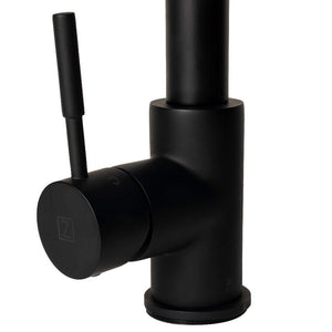 ZLINE Monet Pull Down Single Handle Kitchen Faucet in Matte Black (MON-KF-MB) handle and mount, side.