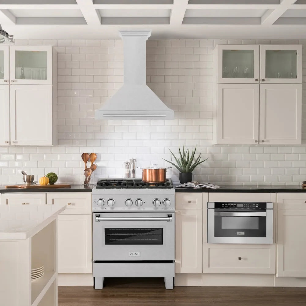 ZLINE 30 in. Convertible Satin Stainless Steel Wall Mount Range Hood with Stainless Steel Handle (KB4SNX-30) in a luxury kitchen.