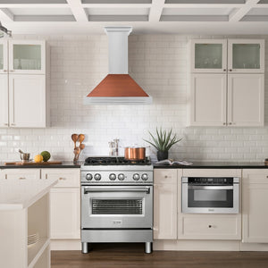 ZLINE 30 in. Convertible Stainless Steel Range Hood with Copper Shell and Stainless Steel Handle (KB4STX-C-30) in a farmhouse-style kitchen.