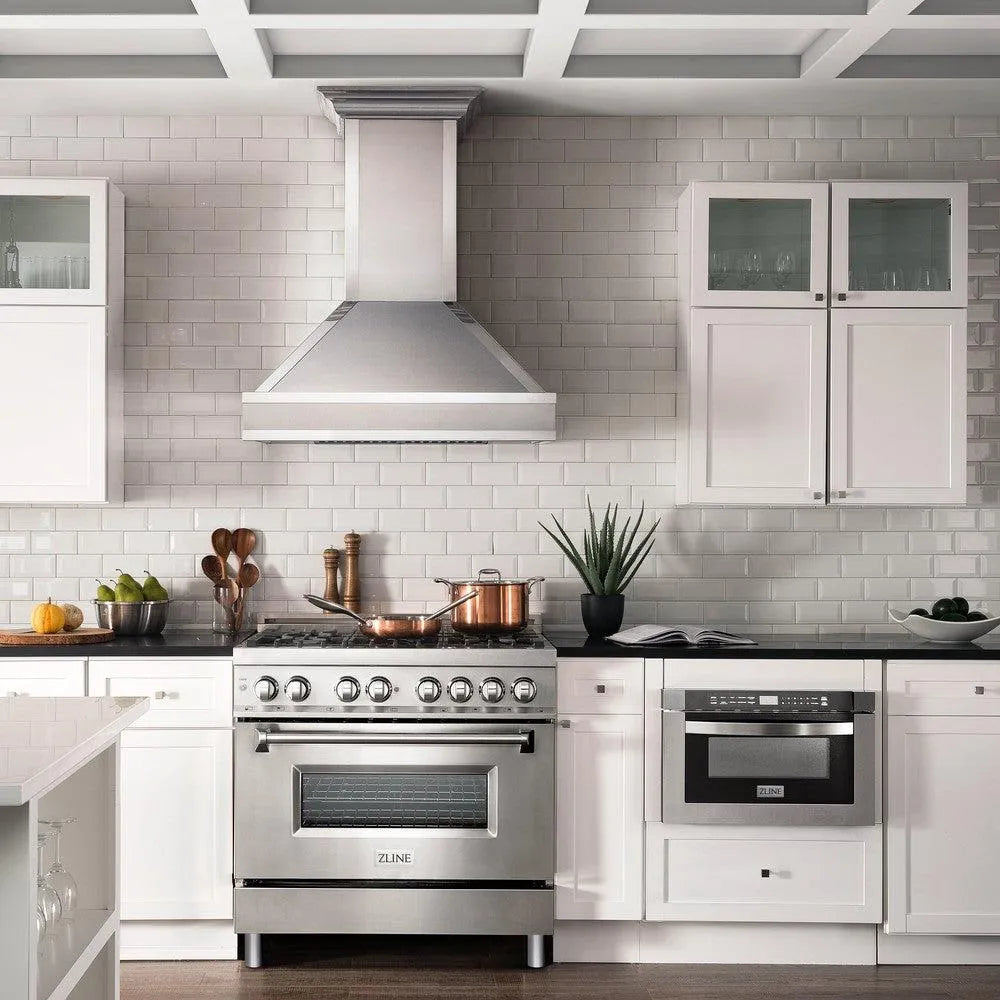 ZLINE 36 in. 4.6 cu. ft. Legacy Dual Fuel Range with Gas Cooktop and Electric Convection Oven in Stainless Steel with 6 Brass Burners (RA-BR-36) in a luxury kitchen with matching appliances.