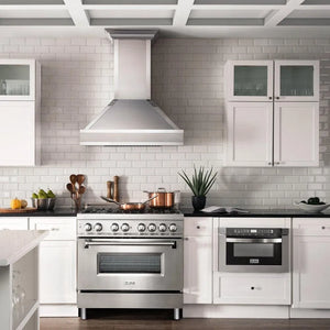 ZLINE 36 in. 4.6 cu. ft. Legacy Dual Fuel Range with Gas Cooktop and Electric Convection Oven in Stainless Steel with 6 Brass Burners (RA-BR-36) in a luxury kitchen with matching appliances.