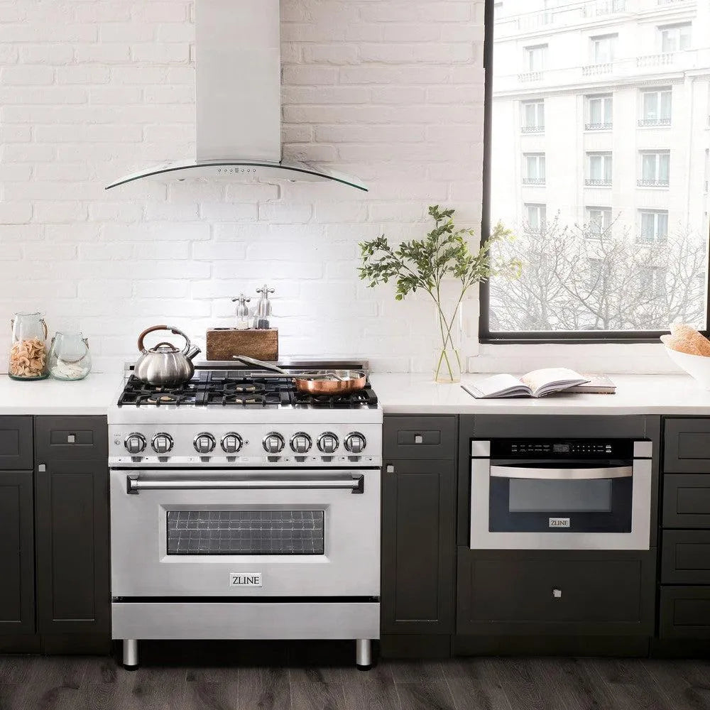 ZLINE 36 in. 4.6 cu. ft. Legacy Dual Fuel Range with Gas Cooktop and Electric Convection Oven in Stainless Steel with 6 Brass Burners (RA-BR-36) in a luxury kitchen with matching appliances.