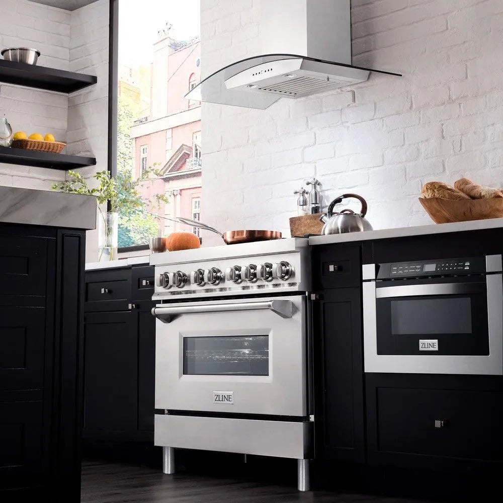 ZLINE 36 in. 4.6 cu. ft. Legacy Dual Fuel Range with Gas Cooktop and Electric Convection Oven in Stainless Steel with 6 Brass Burners (RA-BR-36) in a luxury kitchen with matching appliances.