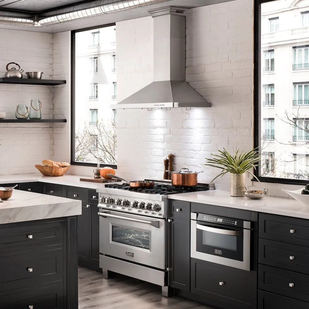 ZLINE 36 in. CrownSound™ Ducted Vent Wall Mount Range Hood in Stainless Steel with Built-in Bluetooth Speakers (KBCRN-BT-36)