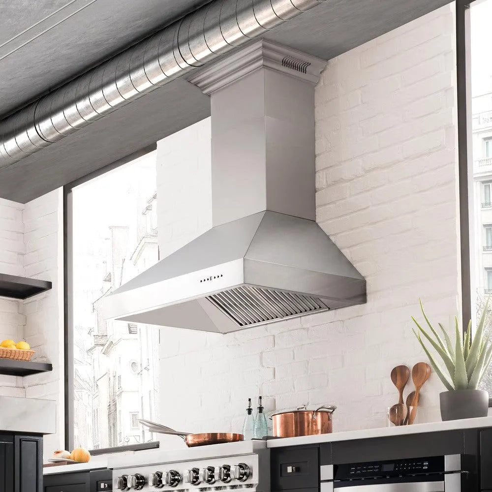 ZLINE 54 in. CrownSound™ Ducted Vent Professional Wall Mount Range Hood in Stainless Steel with Built-in Bluetooth Speakers (697CRN-BT-54)