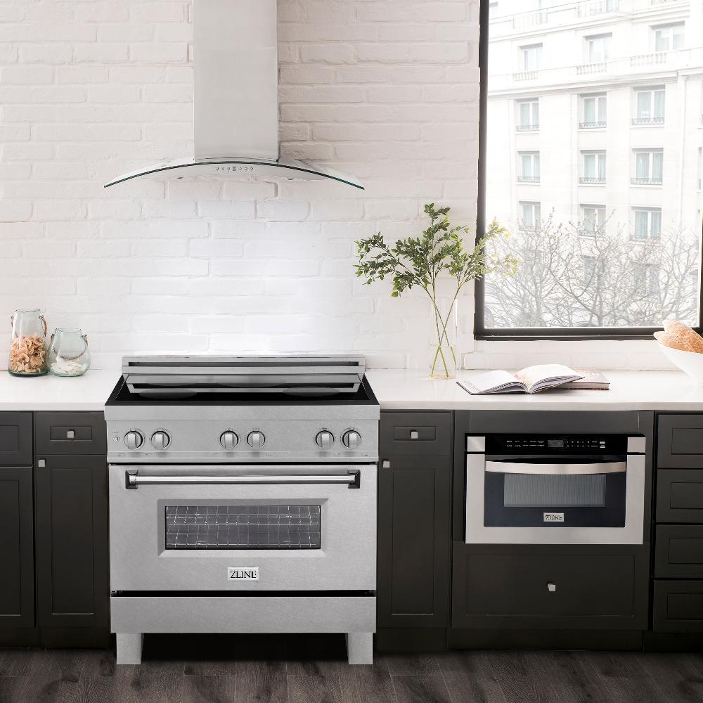 ZLINE 36 in. 4.6 cu. ft. Legacy Induction Range with 5 Element Cooktop and Electric Oven in DuraSnow® Stainless Steel (RAINDS-SN-36) in a luxury kitchen with matching appliances.