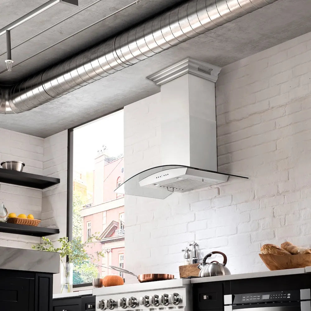 ZLINE 30 in. CrownSound™ Ducted Vent Wall Mount Range Hood in Stainless Steel and Glass with Built-in Bluetooth Speakers (KZCRN-BT-30)