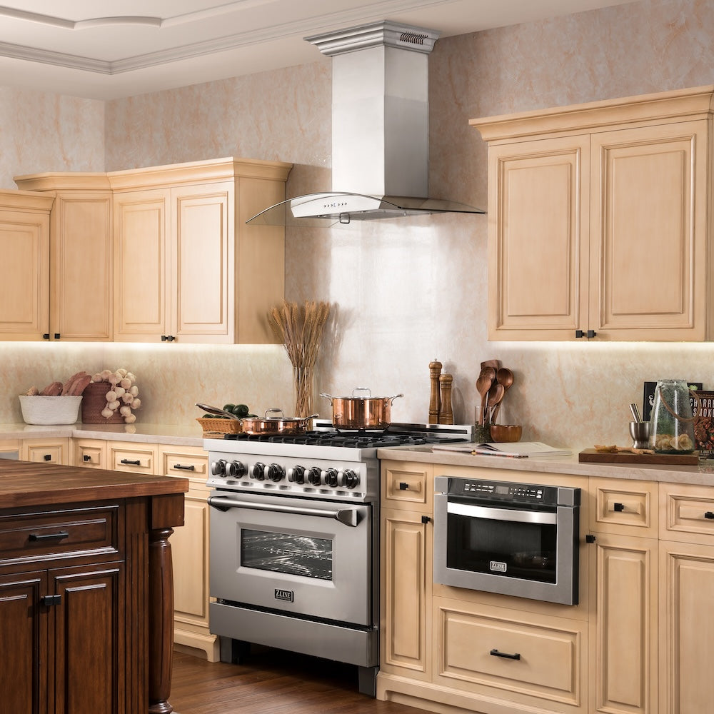 ZLINE 36 in. CrownSound™ Ducted Vent Wall Mount Range Hood in Stainless Steel and Glass with Built-in Bluetooth Speakers (KZCRN-BT-36)