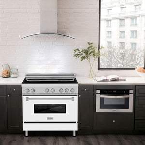 ZLINE 36 in. 4.6 cu. ft. Legacy Induction Range with 5 Element Cooktop and Electric Oven in Stainless Steel and White Matte Door (RAIND-WM-36) in a luxury kitchen with matching appliances.