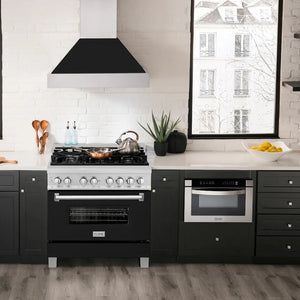 Modern kitchen with ZLINE 36 in. 4.6 cu. ft. Legacy Dual Fuel Range with 6 Burner Gas Cooktop and Electric Convection Oven in Satin Stainless Steel and Black Matte Door (RAS-BLM-36), white countertops, and a window view.