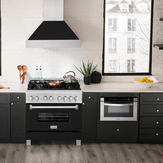 Modern kitchen with ZLINE 36 in. 4.6 cu. ft. Legacy Dual Fuel Range with 6 Burner Gas Cooktop and Electric Convection Oven in Satin Stainless Steel and Black Matte Door (RAS-BLM-36), white countertops, and a window view.