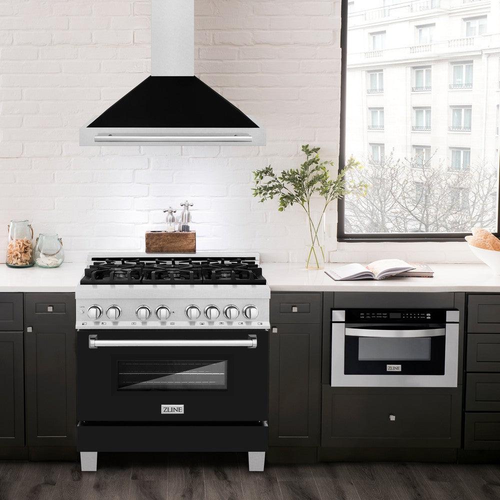 ZLINE Convertible Fingerprint Resistant DuraSnow® Stainless Steel Range Hood with Black Matte Shell and Stainless Steel Handle (KB4SNX-BLM) in a luxury compact kitchen with matching range and microwave, front.