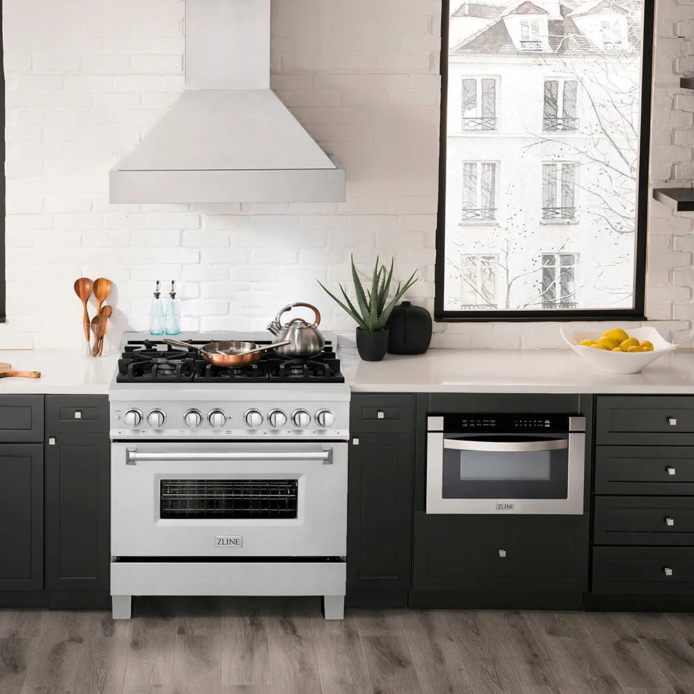 Modern kitchen with ZLINE 36 in. 4.6 cu. ft. Legacy Dual Fuel Range with 6 Burner Gas Cooktop and Electric Convection Oven in Satin Stainless Steel (RAS-SN-36) and black cabinets
