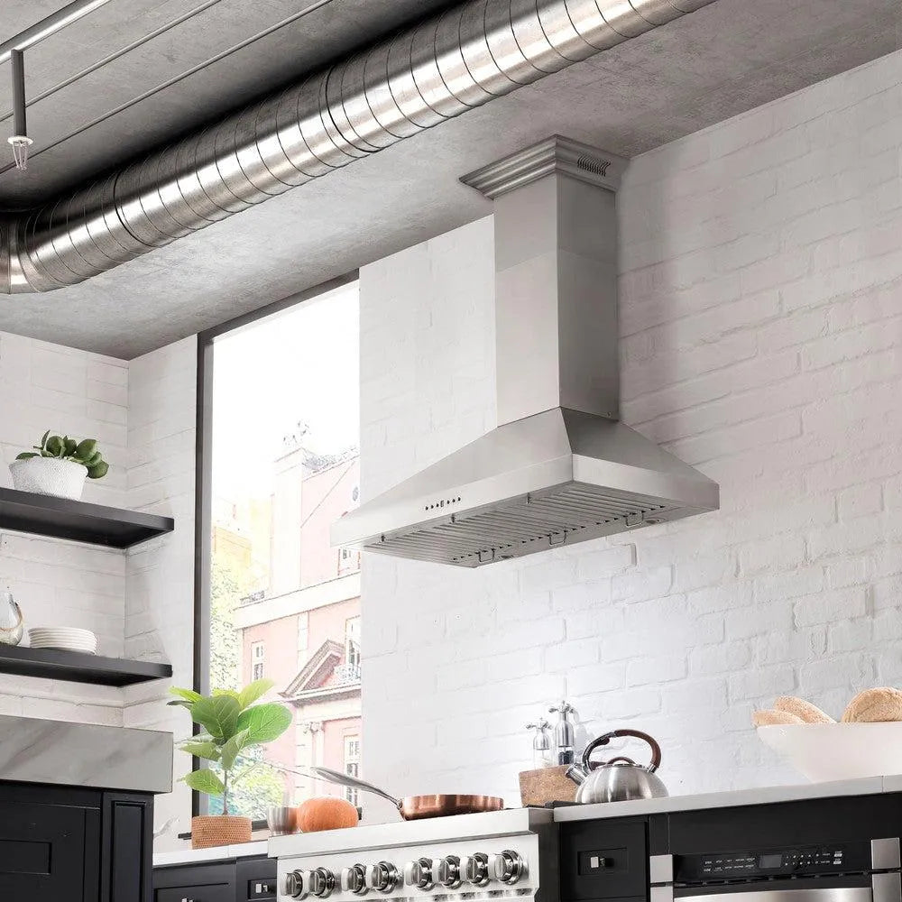 ZLINE 42 in. CrownSound™ Ducted Vent Wall Mount Range Hood in Stainless Steel with Built-in Bluetooth Speakers (KL3CRN-BT-42)