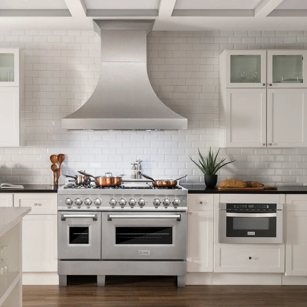 Farmhouse kitchen with ZLINE 48 in. 6.0 cu. ft. Legacy Dual Fuel Range with Gas Cooktop and 2 Electric Ovens in Satin Stainless Steel with 6 Brass Burners (RAS-SN-BR-48) and range hood