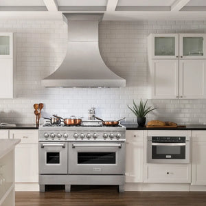 Farmhouse kitchen with ZLINE 48 in. 6.0 cu. ft. Legacy Dual Fuel Range with Gas Cooktop and 2 Electric Ovens in Satin Stainless Steel with 6 Brass Burners (RAS-SN-BR-48) and range hood