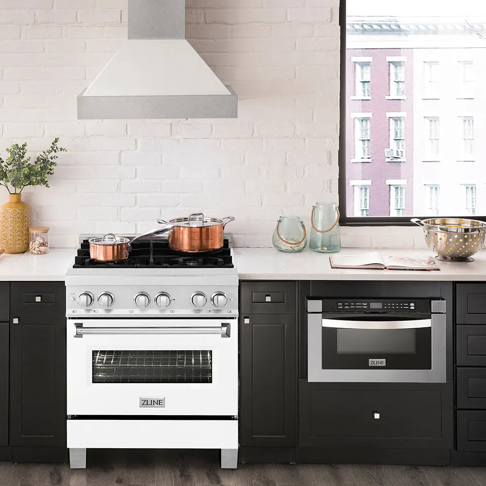 Modern kitchen with a ZLINE 30 in. 4.0 cu. ft. Legacy Dual Fuel Range with 4 Burner Gas Cooktop and Electric Convection Oven in Satin Stainless Steel and White Matte Door (RAS-WM-30) and black cabinets.